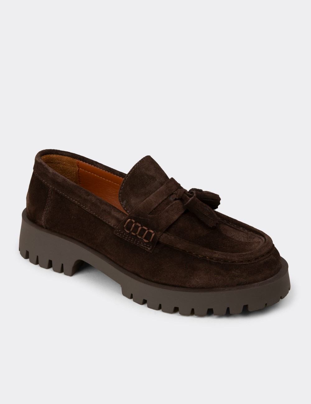 Kadın Hakiki Süet Kahverengi Püsküllü Loafer - 02035ZKHVC01