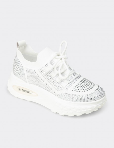 Kadın Beyaz Taşlı Platform Sneaker