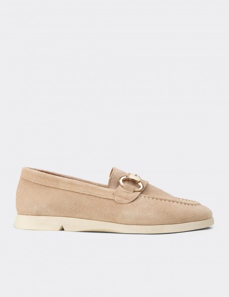 Kadın Hakiki Süet Bej Tokalı Loafer