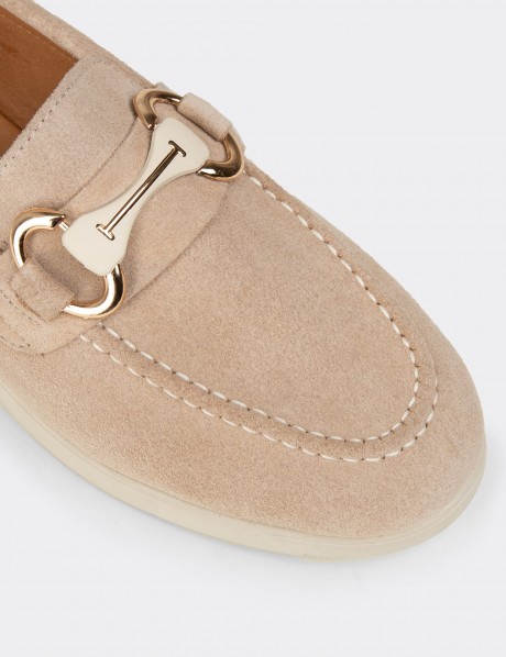 Kadın Hakiki Süet Bej Tokalı Loafer