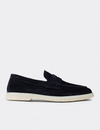 Erkek Hakiki Süet Lacivert Loafer Ayakkabı - 02028MLCVC01
