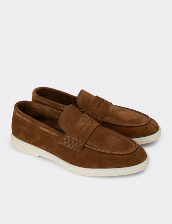 Erkek Hakiki Süet Taba Renkli Loafer Ayakkabı - 02028MTBAC01