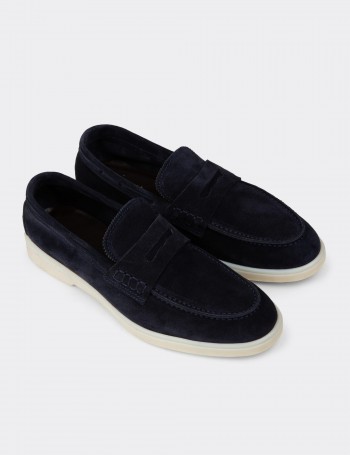Erkek Hakiki Süet Lacivert Loafer Ayakkabı - 02028MLCVC01