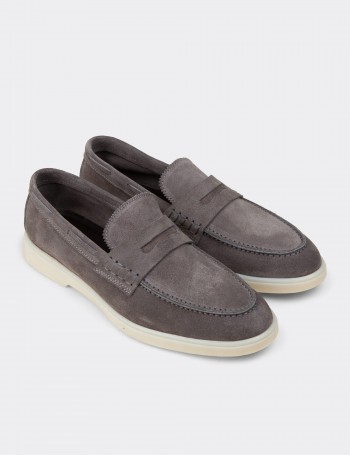 Erkek Hakiki Süet Gri Loafer Ayakkabı - 02028MGRIC01