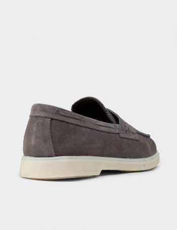 Erkek Hakiki Süet Gri Loafer Ayakkabı - 02028MGRIC01