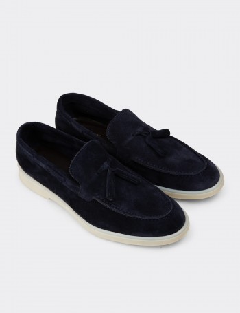 Erkek Hakiki Süet Lacivert Püsküllü Loafer - 02027MLCVC01