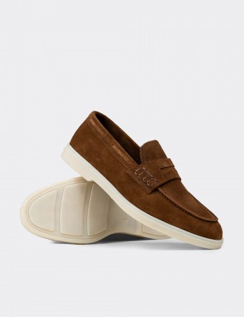 Erkek Hakiki Süet Taba Renkli Loafer Ayakkabı - 02028MTBAC01