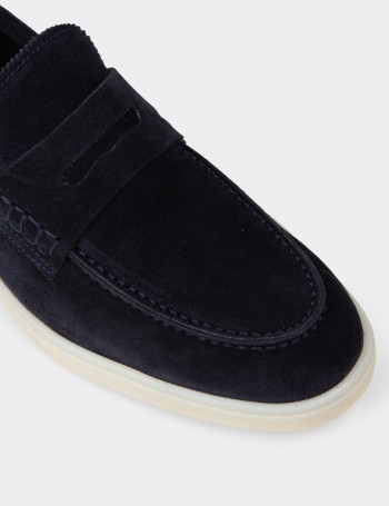 Erkek Hakiki Süet Lacivert Loafer Ayakkabı - 02028MLCVC01
