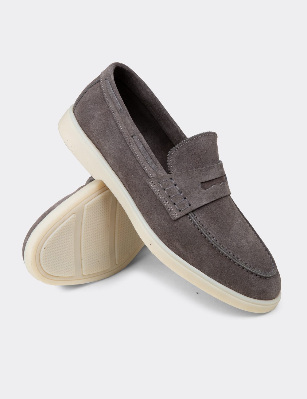 Erkek Hakiki Süet Gri Loafer Ayakkabı - 02028MGRIC01