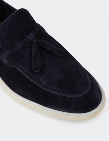 Erkek Hakiki Süet Lacivert Püsküllü Loafer - 02027MLCVC01