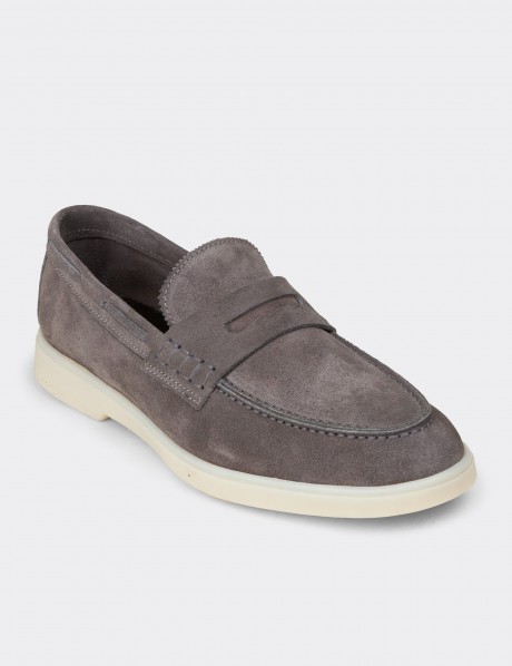 Erkek Hakiki Süet Gri Loafer Ayakkabı
