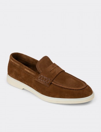 Erkek Hakiki Süet Taba Renkli Loafer Ayakkabı - 02028MTBAC01