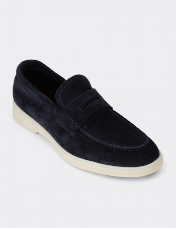 Erkek Hakiki Süet Lacivert Loafer Ayakkabı - 02028MLCVC01