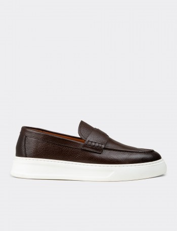 Erkek Kahverengi Hakiki Deri Loafer Ayakkabı - 02043MKHVP02