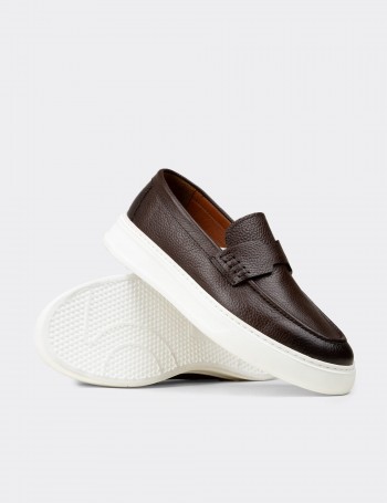 Erkek Kahverengi Hakiki Deri Loafer Ayakkabı - 02043MKHVP02