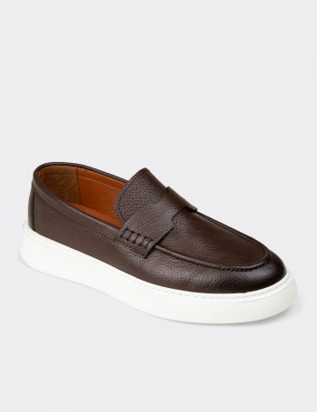 Erkek Kahverengi Hakiki Deri Loafer Ayakkabı - 02043MKHVP02
