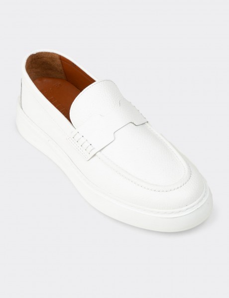 Erkek Beyaz Hakiki Deri Loafer Ayakkabı