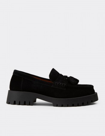 Deery Loafer Deery Hakiki Süet Kadın Siyah Püsküllü