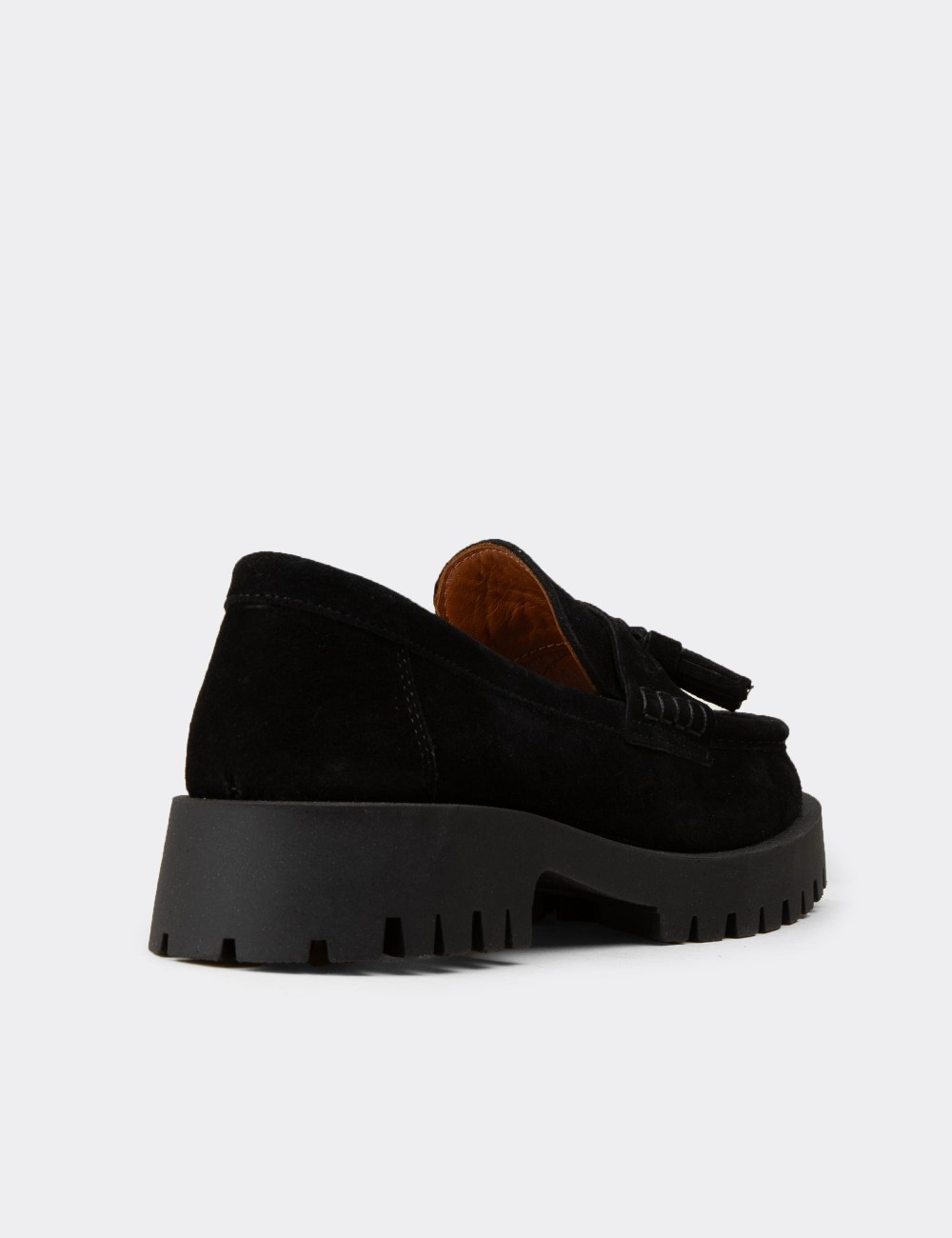 Kadın Hakiki Süet Siyah Püsküllü Loafer - 02035ZSYHC01