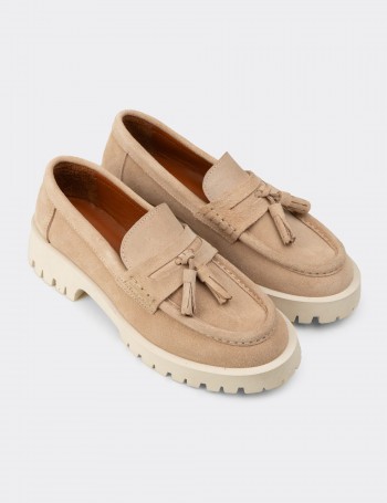 Kadın Hakiki Süet Bej Püsküllü Loafer - 02035ZBEJC01