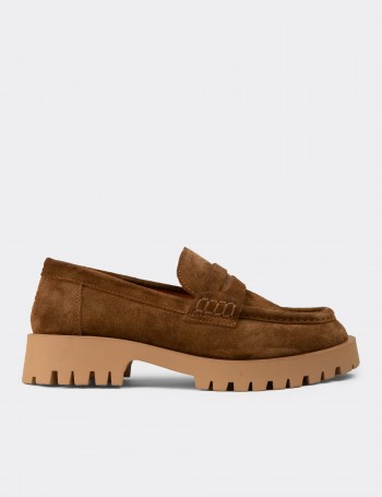 Kadın Hakiki Süet Taba Renk Loafer Ayakkabı