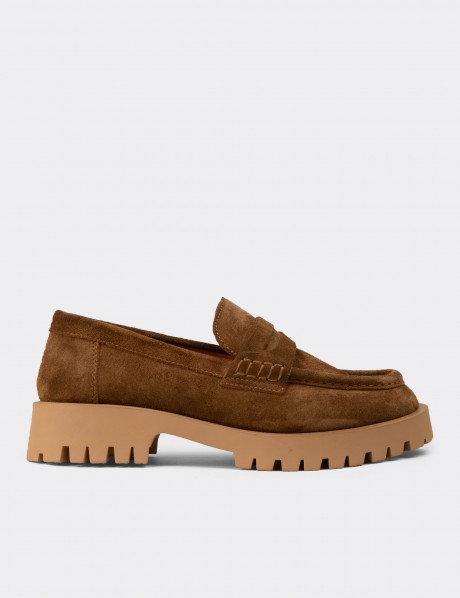 Kadın Hakiki Süet Taba Renk Loafer Ayakkabı