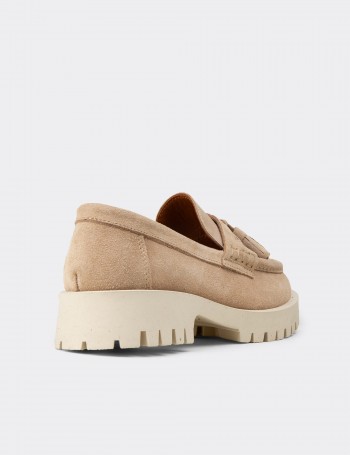 Kadın Hakiki Süet Bej Püsküllü Loafer - 02035ZBEJC01