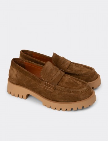 Kadın Hakiki Süet Taba Renk Loafer Ayakkabı - 02034ZTBAC01