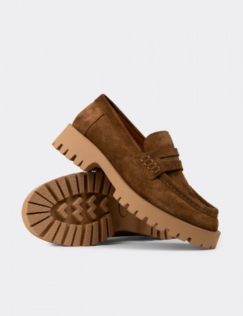 Kadın Hakiki Süet Taba Renk Loafer Ayakkabı - 02034ZTBAC01