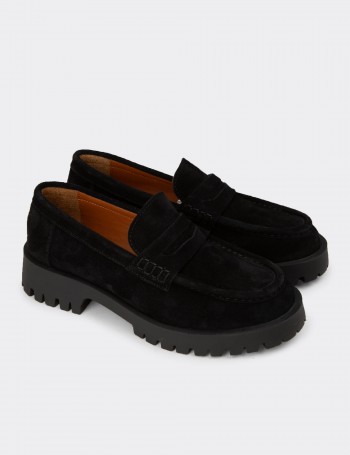 Kadın Hakiki Süet Siyah Loafer Ayakkabı - 02034ZSYHC01