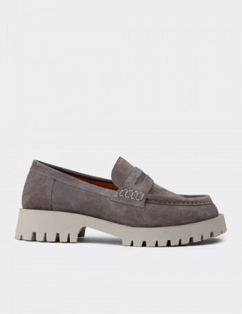 Kadın Hakiki Süet Gri Loafer Ayakkabı - 02034ZGRIC01