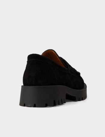 Kadın Hakiki Süet Siyah Loafer Ayakkabı - 02034ZSYHC01