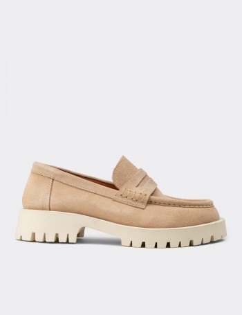Kadın Hakiki Süet Bej Loafer Ayakkabı