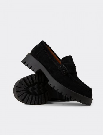 Kadın Hakiki Süet Siyah Loafer Ayakkabı - 02034ZSYHC01