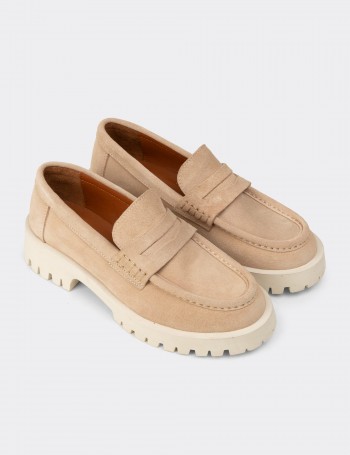 Kadın Hakiki Süet Bej Loafer Ayakkabı - 02034ZBEJC01