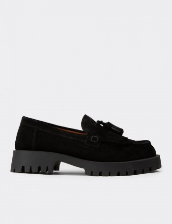 Kadın Hakiki Süet Siyah Püsküllü Loafer