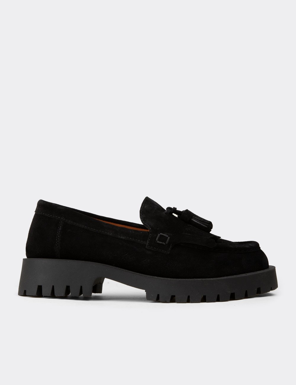 Kadın Hakiki Süet Siyah Püsküllü Loafer - 02033ZSYHC01