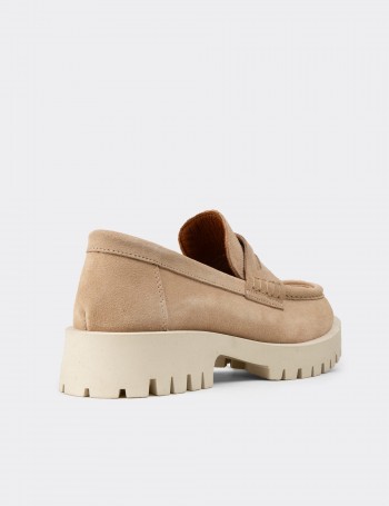 Kadın Hakiki Süet Bej Loafer Ayakkabı - 02034ZBEJC01