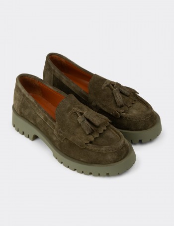 Kadın Hakiki Süet Yeşil Püsküllü Loafer - 02033ZYSLC01