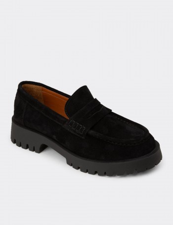 Kadın Hakiki Süet Siyah Loafer Ayakkabı