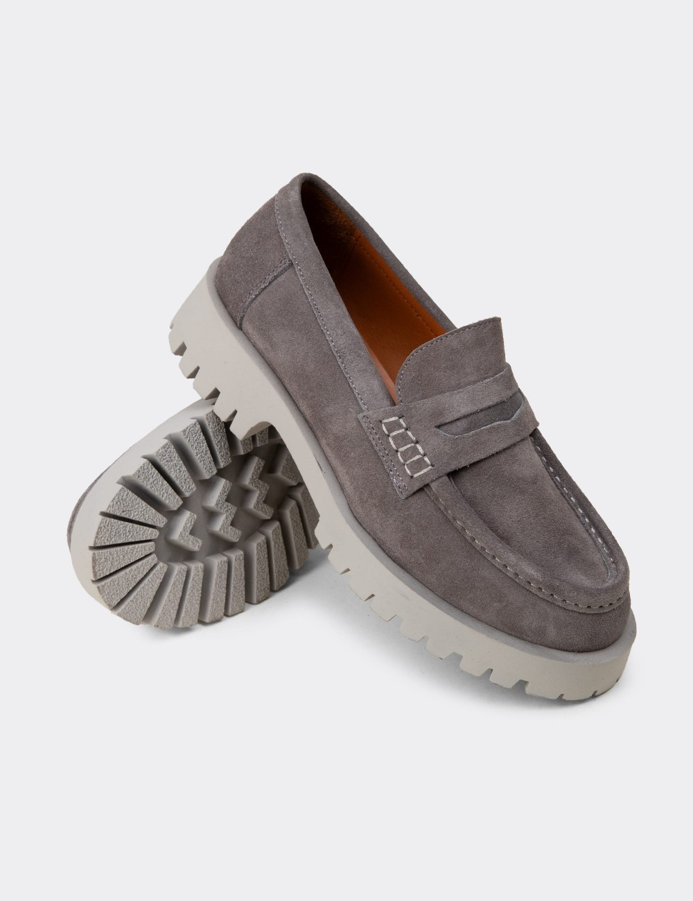 Kadın Hakiki Süet Gri Loafer Ayakkabı - 02034ZGRIC01