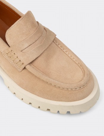 Kadın Hakiki Süet Bej Loafer Ayakkabı - 02034ZBEJC01
