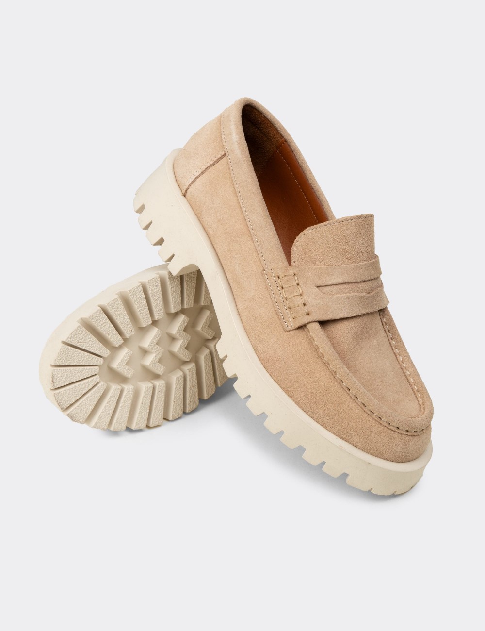 Kadın Hakiki Süet Bej Loafer Ayakkabı - 02034ZBEJC01