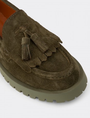 Kadın Hakiki Süet Yeşil Püsküllü Loafer - 02033ZYSLC01