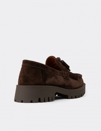 Kadın Hakiki Süet Kahverengi Püsküllü Loafer - 02033ZKHVC01