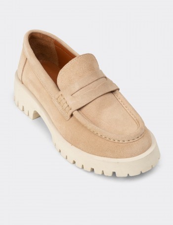 Kadın Hakiki Süet Bej Loafer Ayakkabı
