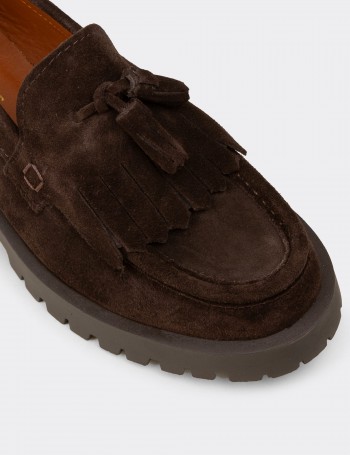 Kadın Hakiki Süet Kahverengi Püsküllü Loafer - 02033ZKHVC01