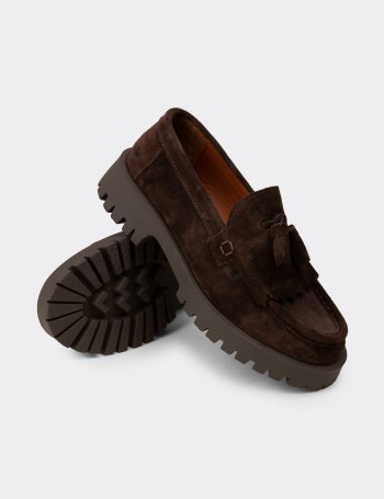 Kadın Hakiki Süet Kahverengi Püsküllü Loafer - 02033ZKHVC01