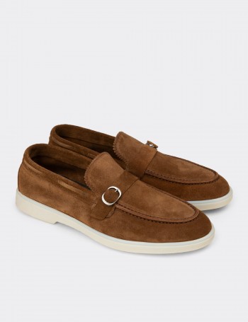 Erkek Hakiki Süet Taba Renk Tokalı Loafer - 02031MTBAC01
