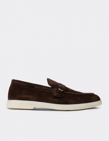 Erkek Kahverengi Hakiki Süet Toka Detaylı Loafer - 02031MKHVC01